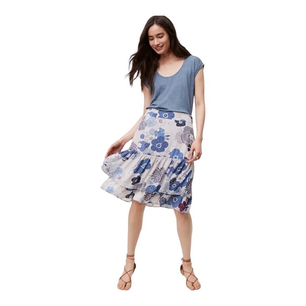 LOFT Women's Tiered Floral Midi Skirt Size‎ 10 Blue Beige Boho